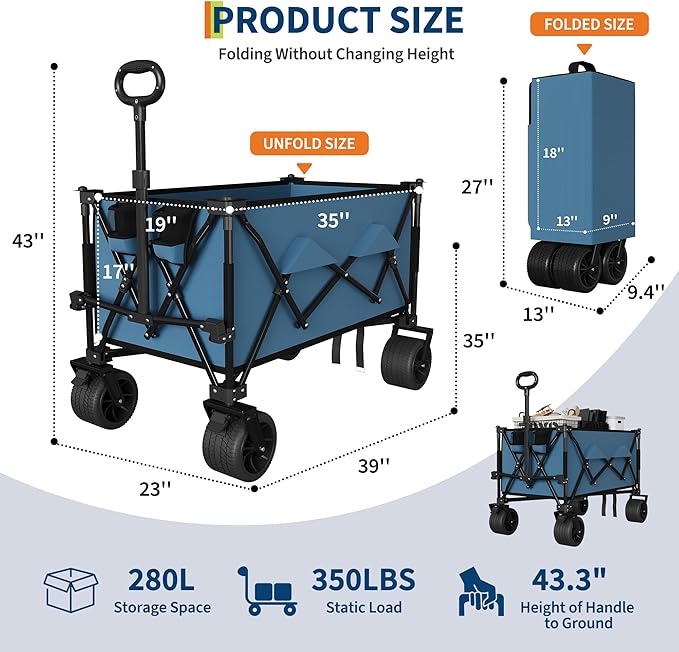 GarveeLife Heavy Duty Utility Beach Wagon Cart, Collapsible Wagon Beach with All Terrain Wheels, Extra Long WagonCart Foldable with Cup Holders for Sand