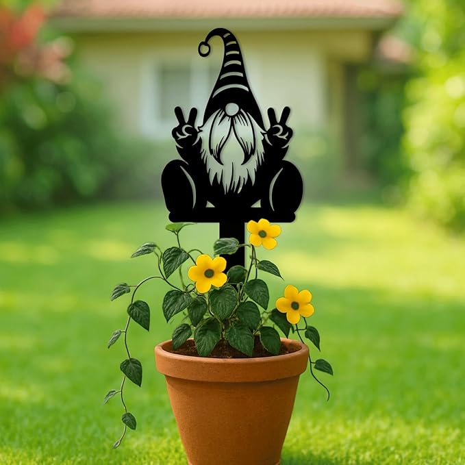 Magilab Personalized Iron Yard Stake - Christmas Cute Gnome Dwarves Decor, 8-Inch Black Metal Garden Sign for Outdoor (Style K)