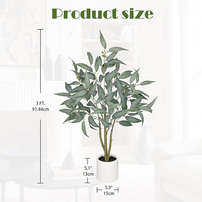 Artificial Eucalyptus Tree in White Pot – 3FT Faux Indoor Plant for Home Décor, Modern Greenery for Living Room, Bedroom, Office – Realistic Silk Leaves, Minimalist Planter