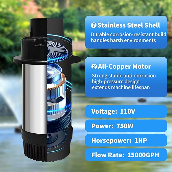 15000 GPH Pond Fountain Aerator,750W(1HP) Floating Fountain with Stainless Steel Body,Automatic Pond Pump with Timer&100FT Power Cord&2 Adapters&Ropes Pond Aerators for Outdoor Ponds&Lakes