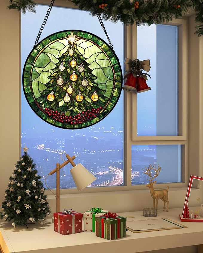 DASTOLL Stained Glass Window Hanging - Green Christmas Tree Golden Bells Suncatcher for Doors Home Christmas Decoration Sun Catcher Thanksgiving New Year Birthday Gift for Women Men Mom Nana 9.8 in