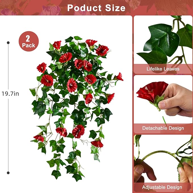 Morning Glory Artificial Hanging Flowers for Outdoors 3 Pcs Fake Petunias Flower Faux Silk Long Trailing Vines Realistic Flower for Front Door Porch Patio Balcony Garden Yard Decor (3 Pcs Red)