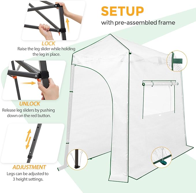 EAGLE PEAK Instant Pop-up Greenhouse, Indoor Outdoor Plant Gardening Green House, Roll-Up Zipper Doors and Side Windows, Lean-to 9x4 ft, PE Cover, White/Clear