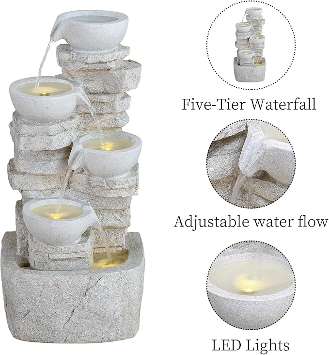 Qingyinge 27' H Modern Outdoor Fountain Resin Outdoor Garden Fountains with Contemporary Design LED Light for Garden, Patio, Deck, Porch, Backyard and Home Art Decor