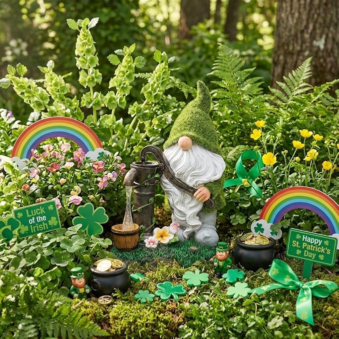 TERESA'S COLLECTIONS Garden Gnomes Decor with Solar Lights, Fathers Gifts, Green Outdoor Resin Decorations for Porch Patio, Gnome Ornaments for Dad and Mom，9"
