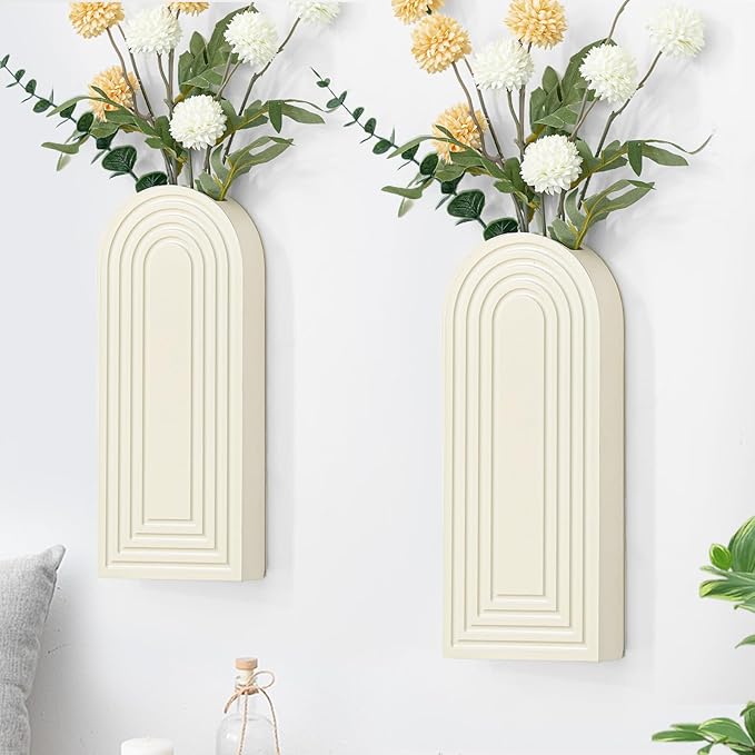 Wooden Wall Planter Vase Set of 2, Boho Hanging Planter for Indoor Plants & Flowers, Natural Wood Wall-Mounted Planters for Art Home Decor - Living Room, Bedroom, Bathroom, Patio (White)