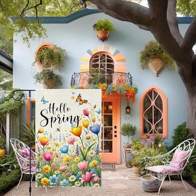 Hello Spring Summer Tulip Garden Flag 12x18 Inch Double Sided Bee Flowers Butterfly Colorful Floral Small Burlap Yard House Seasonal Farmhouse Outside Spring Decor Flags