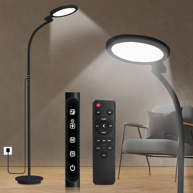 Sozapooty Light Therapy Lamp 10000 Lux UV-Free Sun Floor Lamp, 360° Gooseneck Happy Lamp with 5 Colors & 5 Brightness Levels & Remote Control + Touch Dual Control (Black)