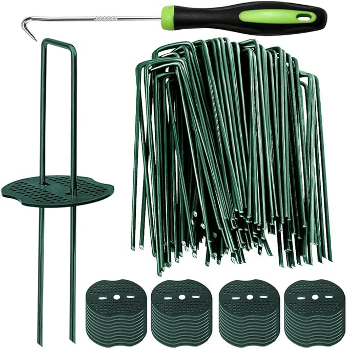Bakulyor 150pcs Green Artificial Turf Stakes Staples + 150pcs Buffer Washer, 6 Inch 11 Gauge Landscape Staples, Galvanized Lawn Spikes, Heavy Duty Yard Ground Pin for Grass Weed Barrier Sod Fabric