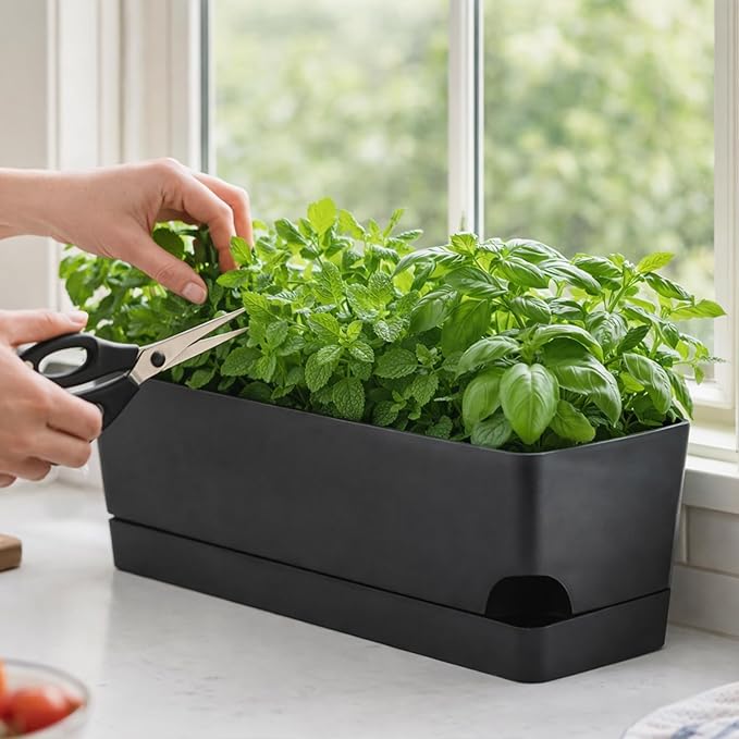 Party Zealot Self Watering Pots for Indoor Plants, 5 Pack Window Boxes Planters 17 Inch Rectangular Planter Rectangle Flower Pots Long Plant Pot Large Window Sill Herb Planter Box, Black