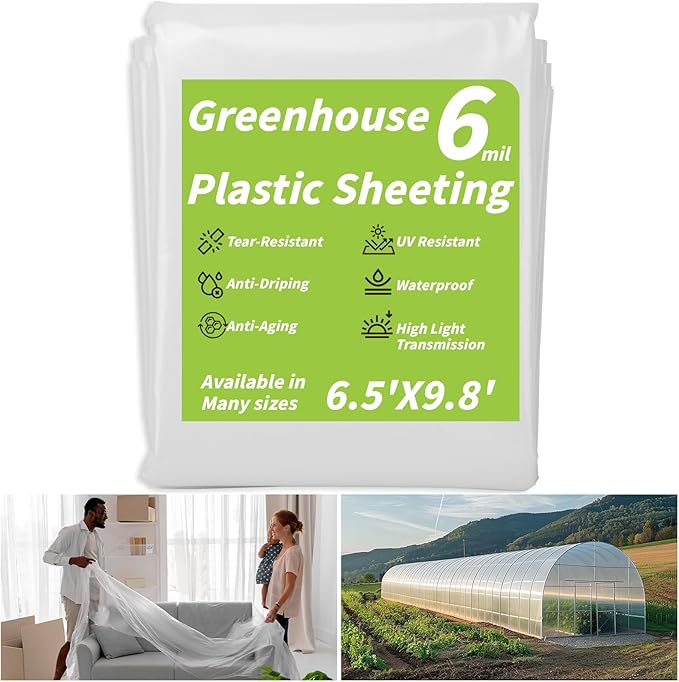 Greenhouse Plastic Sheeting 6 Mil, 6.5 x 9.8FT Transparent UV Resistant Polyethylene Film, Tear-Resistant Green House Hoop Cover for Gardening Farming Nursery, Henhouse, Anti-Drip & Weatherproof