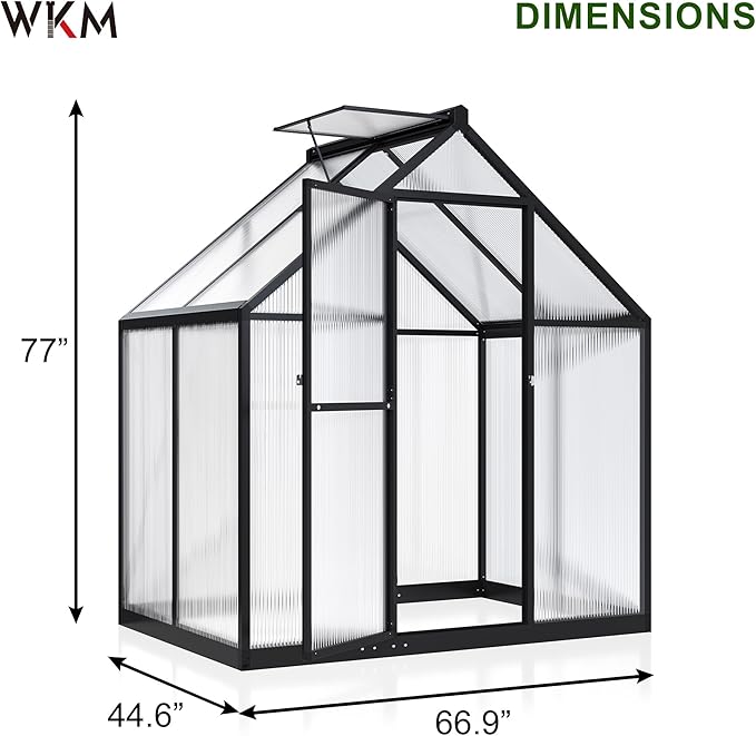 WKM 4x6 FT Greenhouse for Outdoors, Quick-fit Structure Polycarbonate Green House with Window for Ventilation, Walk-in Aluminum Greenhouse for Outsides Garden Backyard, Black