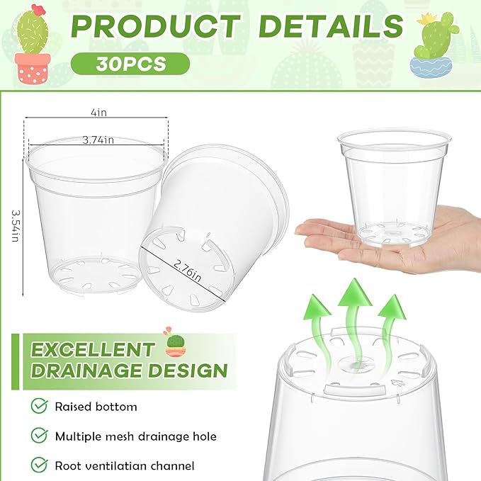 Yaomiao 30 Pcs 4 Inch Clear Mini Plastic Plant Pot Nursery Seedling Pots Seed Starter with Drainage Holes for Indoor Outdoor Garden Succulent Plants Cuttings Transplanting