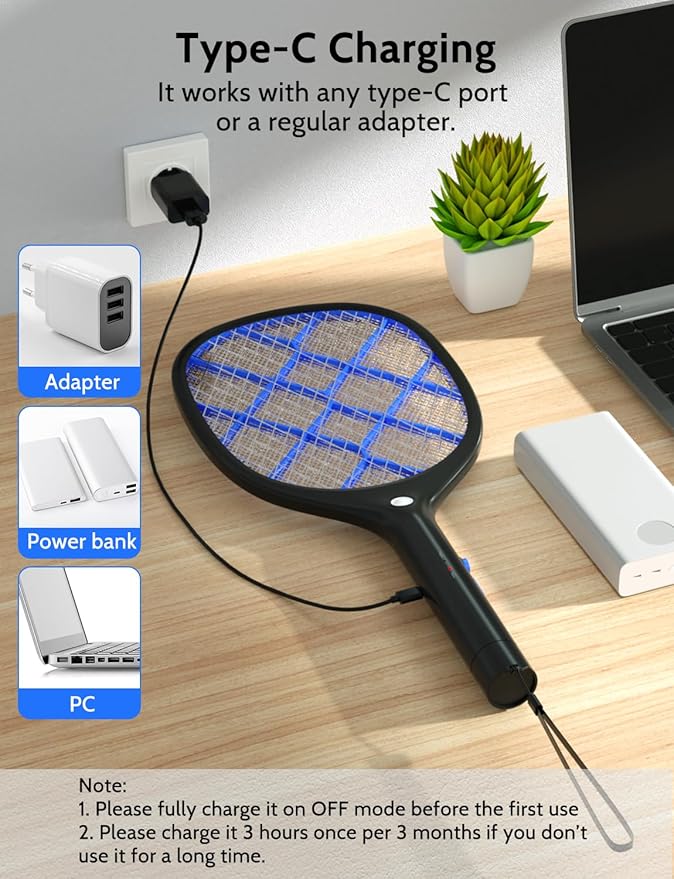 YISSVIC Electric Fly Swatter Bug Zapper Racket 4000V Rechargeable Mosquito Killer with LED Light for Indoor Home Office Backyard Patio Camping (Black Blue)