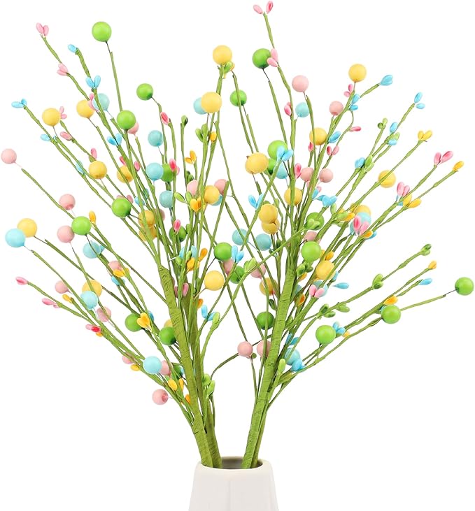 4 Pcs Artificial Easter Flowers Pastel Pip Berry Stems Spring Pip Berry Picks for Home Party Vase Flower Arrangement Centerpiece Easter Egg Decor