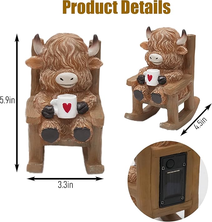 Light Up Highland Cow Figurines Garden Decor, Solar Powered Resin Scottish Highland Cow Sitting on Chair Statue, Cute Centerpiece Figurine Decoration for Garden Patio Gifts