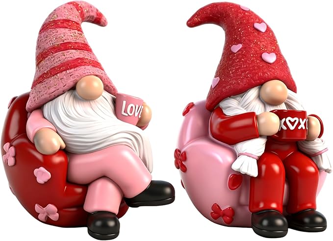 Valentines Day Gnome Decorations 2 PCS Resin Figurines Indoor Collectible Gifts for Him Cute Holiday Decor for Table Home