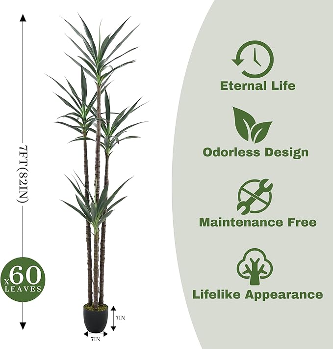 Artificial Tree 7ft Faux Agave Plant with 60 Leaves and 4 Realistic Trunks,Fake Floor Potted Artificial Tall Plants for Home Office Garden Decor Indoor (7Feet,1Pack)
