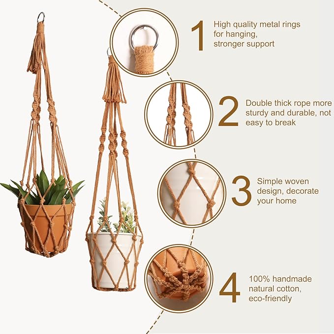 Artilady Macrame Hanging Planter for Indoor Plants, Boho Woven Plant Hanger Large Hanging Flower Pot Holders Outdoor Baskets Storage No Tassels Brown Wall Decor (Latte Brown)