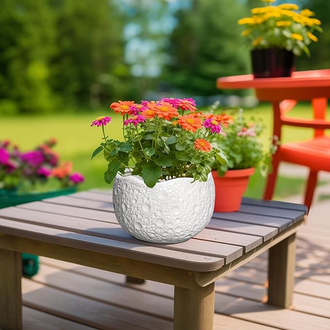 Thirtypot Ceramic Plant Pot - 8 Inch Round Planter with Drainage Hole, Decorative Plant Pots for Indoor Outdoor Plants, Modern Unique Flower Pots, House Living Room Decor, Housewarming Gifts, White