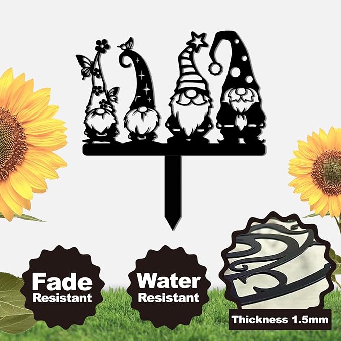 Magilab Personalized Iron Yard Stake - Christmas Cute Gnome Dwarves Decor, 8-Inch Black Metal Garden Sign for Outdoor (Style E)