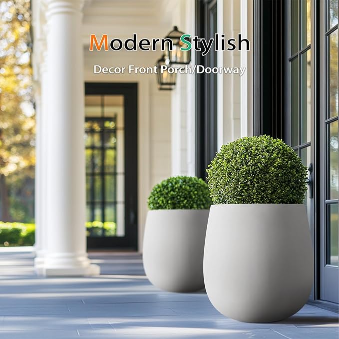 Heyzier Oval Concrete Planters for Outdoor Plants, Large Tall Cement Flower Pots Indoor for Garden, Front Porch, Patio (Gray)