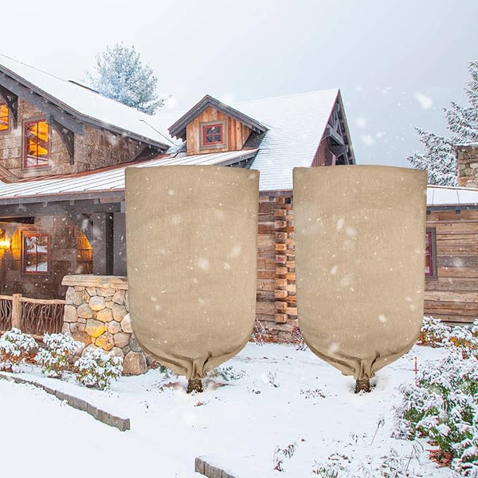 2 Pack 70”x45” Burlap Winter Plant Cover Bags Reusable Burlap Frost Cloth with Drawstring Plant Covers Freeze Protection Freeze Blanket Frost Blankets Shrub Jacket for Outdoor Trees Garden Bushes