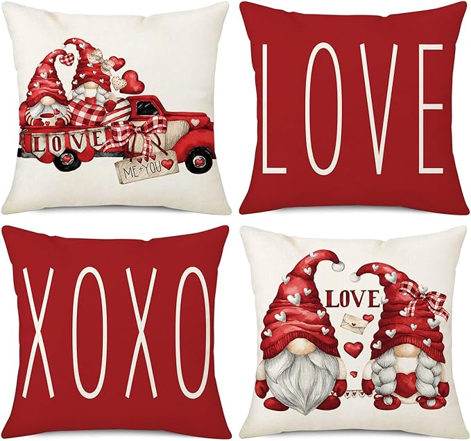 NIGHTWISH Valentine's Day Pillow Covers 16x16 Set of 4 Love Heart Truck Gnomes Valentines Day Decorations XOXO Wedding Throw Cushion Case for Sofa Couch