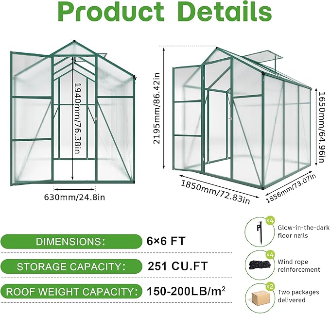 Greenhouse for Outdoors 6.1x6.1x7.2FT, Polycarbonate Green House with Roof Vent, Lockable Door and Ground Nails, Heavy Duty Aluminum Walk-in Greenhouse, Large Sunroom for Garden, Green