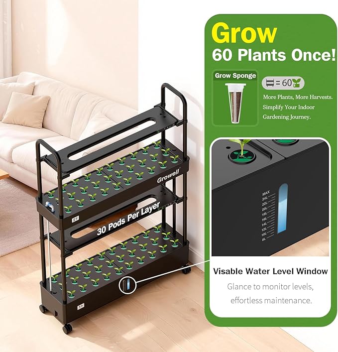 Large Hydroponics Growing System Kit, 60 Pods Vertical Indoor Herb Garden Kit with 2 Light Modes & Auto Circulating Water System, 32L Movable Indoor Gardening System for Herb Vegetable Fruit