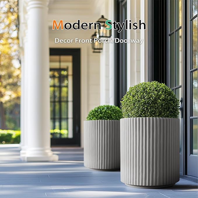 Heyzier Round Concrete Planter Outdoor Indoor, Large Cement Plant Pots for Flowers (Vertical Gray, 16 inch)