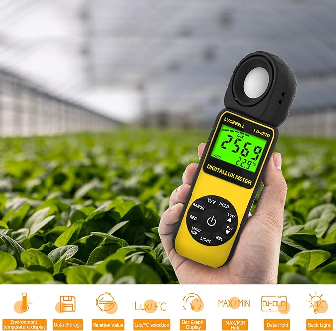 LYCEBELL Digital Illuminance Light Meter, LC-881D Luxmeter Range up to 400,000 Lux with 270º Rotated Date Hold Max/Min Backlit for Photography Plant LED Light