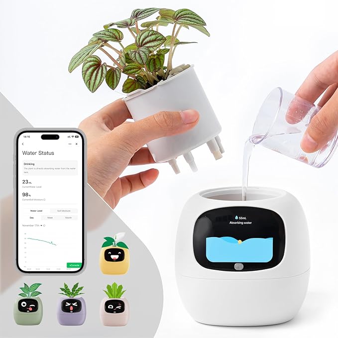 Plantsio AI Smart Pot for Plants with App Control, Self-Watering, Visual Display & 80ml Reservoir, Digital Plant Pot Supports 100+ Plants, Pomodoro Timer, Clock & Calendar,Desk & Office Planter-White
