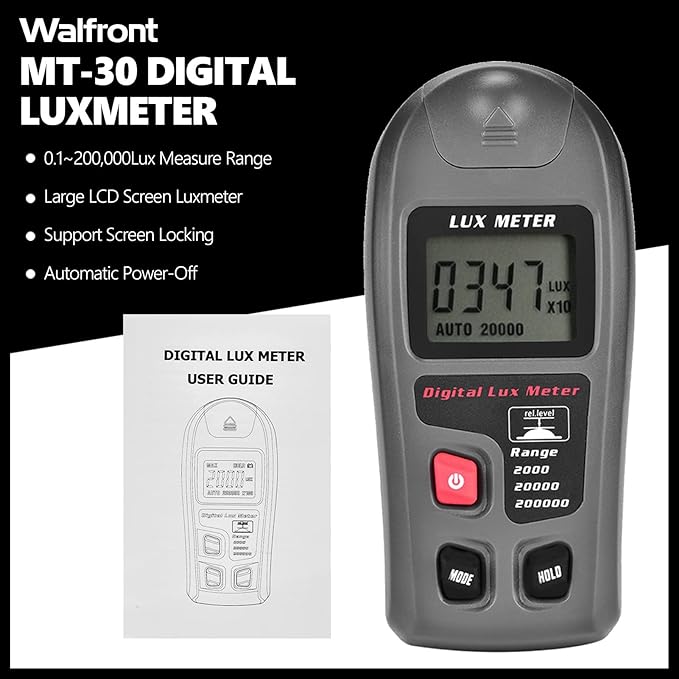MT-30 Digital Light Meter Lux Meter 0.1-200,000 Lux Range Illuminance Meter with LCD Display Portable Luxmeter for Indoor Outdoor Lighting Measurement