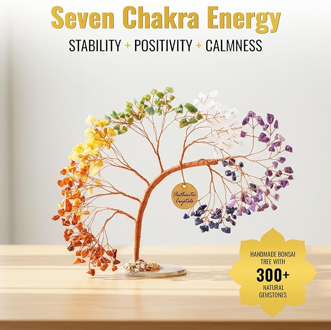 ANAYA AGATE 7 Chakra Crystal Tree of Life – Handmade Healing Gemstone Bonsai Trees for Home & Office Décor – Feng Shui Money Tree for Positive Energy, Good Luck & Spiritual for Women