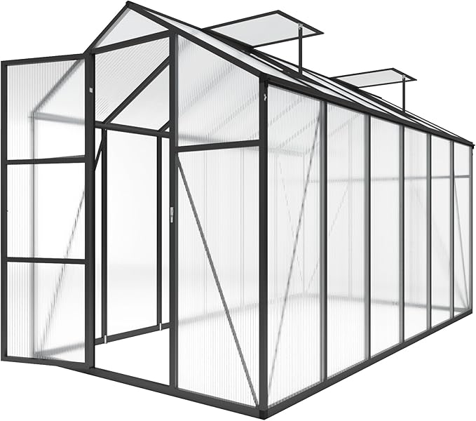 6x12x7 FT Greenhouse, Polycarbonate Greenhouse for Outdoors with Stronger Wind Protection and Roof Vent, Walk-in Large Aluminum Sunroom Winter Proof, Black
