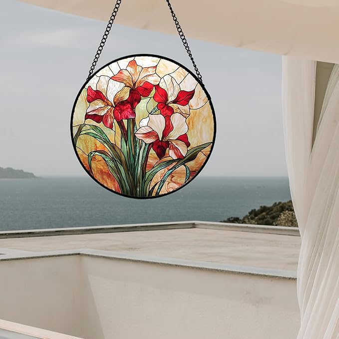 Stained Glass Window Hanging - Red Gladiolus Flower Suncatcher for Door Yard Sun Catchers Decor Christmas Mother's Day Birthday Gifts for Lovers Women Mom Nana Girlfriend Wife 9.8 in
