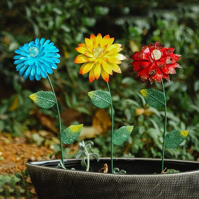 Voltogar 3 Pack Flowers Garden Stake Decoration Glow in Dark for Outdoor, Water-Proof Metal Flowers Ornament for Lawn Pathway Patio Plant Pot, Flower Bed Decor Red, Yellow & Blue, 16" H