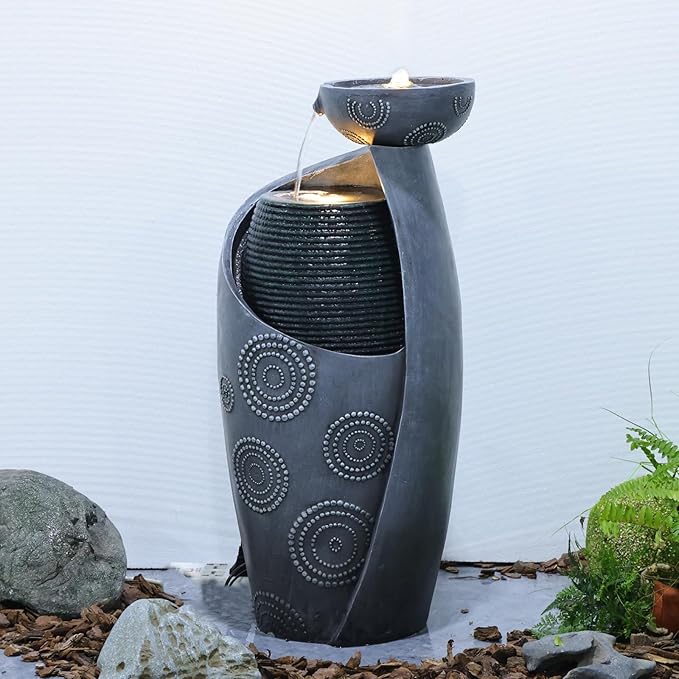 Vase Outdoor Water Fountain, 31.4''H Jar Waterfall Fountain with Warm LED Lights&Durable Pump for Yard, Porches, Home Décor,Garden,Office