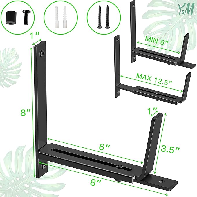 Y&M Adjustable Window Box Brackets for Planter Box, Heavy Duty Wall Mounted Hooks Hangers for Flower Baskets Holder Durable, Brackets for Fence Patio Garden Balcony(2 Packs)