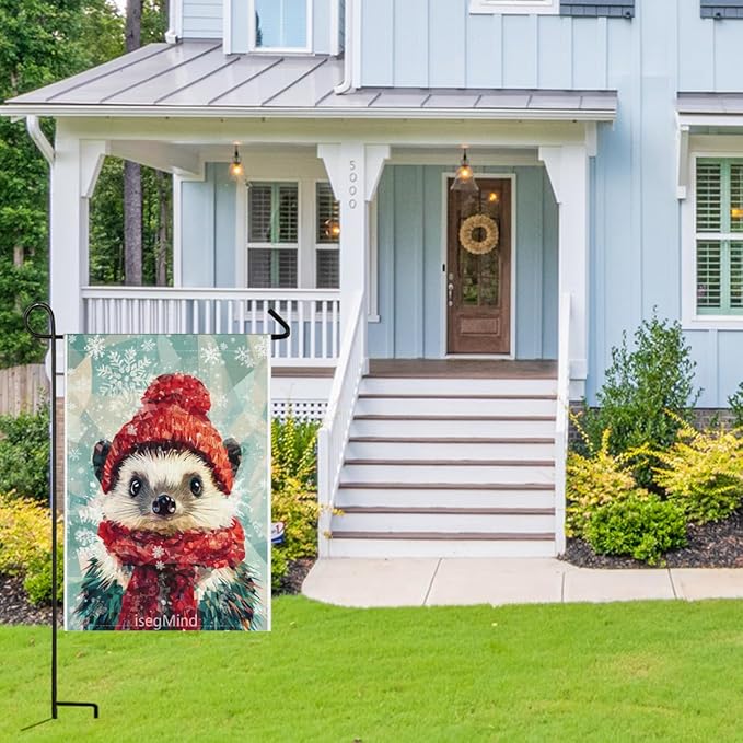 Hedgehog with Red Scarf and Hat Snowflake Christmas Garden Flag, 28x40 Inch Double Sided Linen Holiday Red Winter Farmhouse Yard Outdoor Decoration (4341)