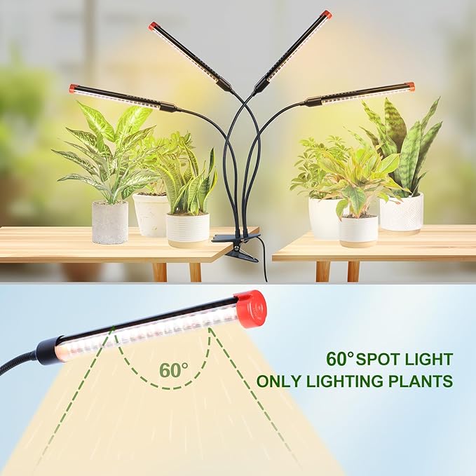 GroCruiser 4-Head Strong Clip Grow Lights for Indoor Plants, Seed Starting, Bonsai, Succulent, Cactus with Timer, 36 Watt Power Home Plug, Enough High-Intensity Like Sun, Best Gift for Plants Lover