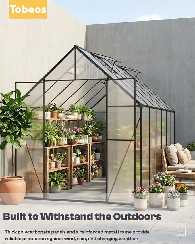 8×12 FT Walk-in Greenhouse Polycarbonate Greenhouse for Outdoors, Heavy Duty Backyard Garden Greenhouse with Aluminum Frame, Clear Panels, Adjustable Roof Vent, Rain Gutter System, Patio