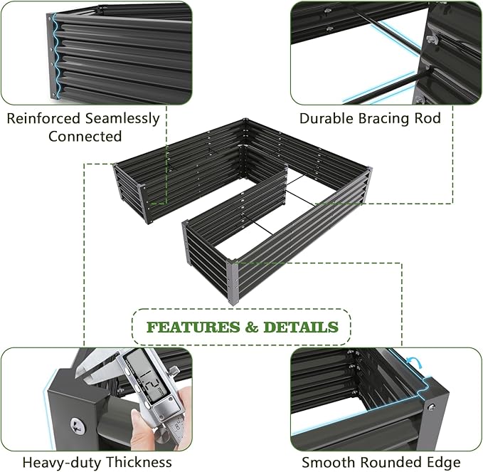 A ANLEOLIFE 16-Piece 18 Inch Tall Galvanized Raised Garden Beds Kit, Rectangular,U-Shaped & L Shaped Metal Planters – Ideal for Backyard Structured Garden Layouts, Quartz Grey
