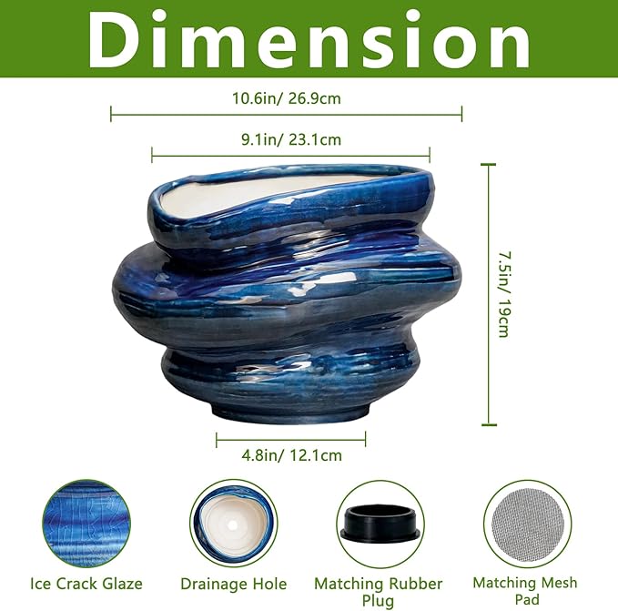 Teagas Ceramic Pots for Plants - 10.6 Inch Ceramic Planter with Drainage Hole, Decorative Planters for Indoor Outdoor, Unique Flower Pots, Garden Office House Decor, Birthday Housewarming Gifts, Blue