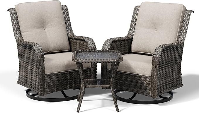 Joyside 3 Piece Wicker Patio Furniture Set, Outdoor Swivel Rocker Patio Chairs with High Back, Deep Seating, Wide Armrest, Thickened Cushions, Outdoor Furniture for Deck, Porch Use