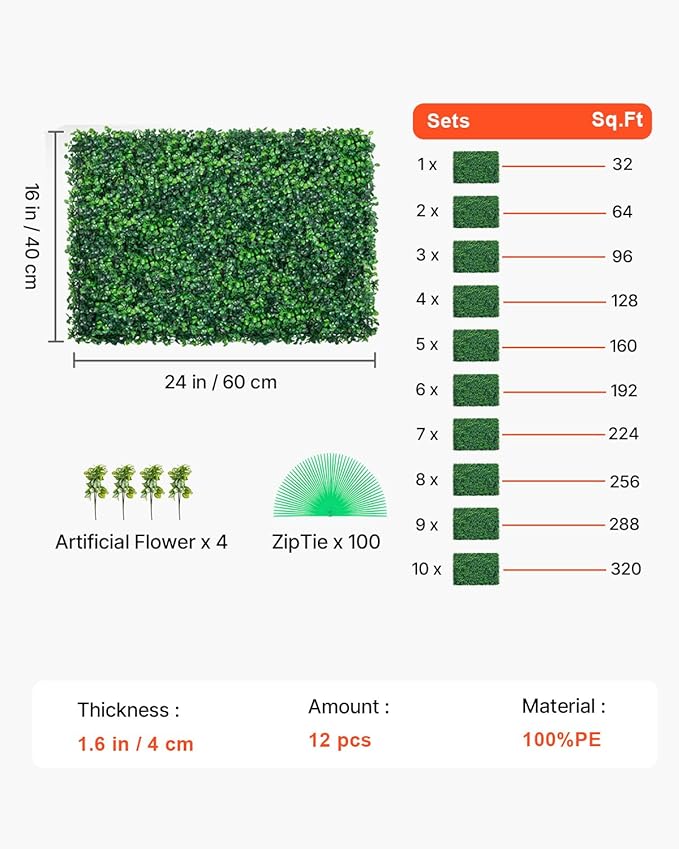 VEVOR 12PCS Grass Wall Panels, 24 x 16 in for 32 Sq Ft, Boxwood Hedge Wall Panels Artificial Grass Backdrop Wall, 1.6 in Sun Protected Privacy Hedge Screen for Indoor Outdoor Garden Fence Backyard
