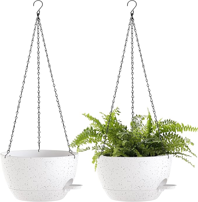 SQKH 10 Inch Hanging Baskets 2 PC with Chains, Self-Watering Hanging Planters for Indoor Outdoor Plants, Plastic Hanging Flower Pots,Speckled White