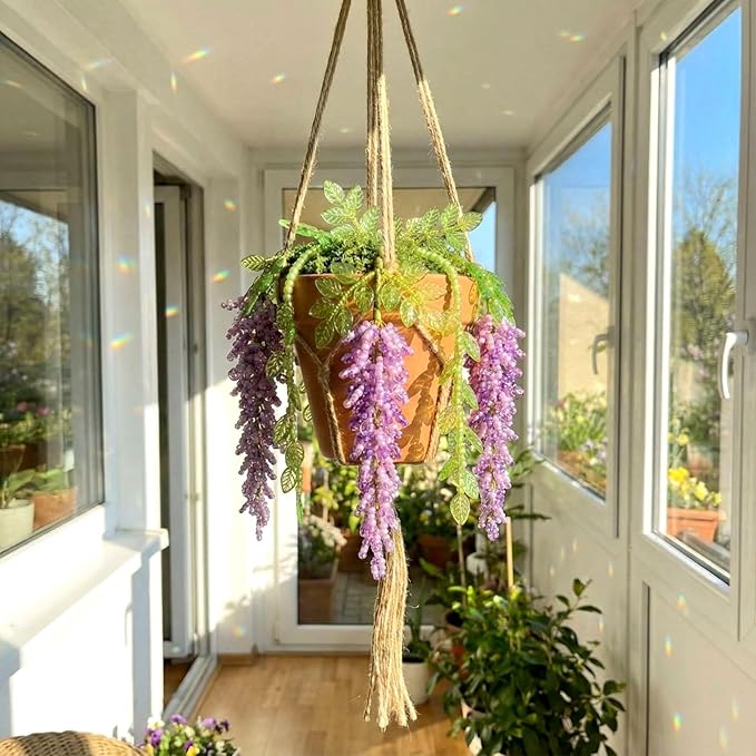 Potchen 13155 Pcs DIY Wisteria Beaded and 5 Inch Clay Pot Planter Set, Glass Beads Plant Making Kit with Artificial Moss Hanging Rope Purple Nature Series Colorful Crystal Leaf Jewelry for Craft