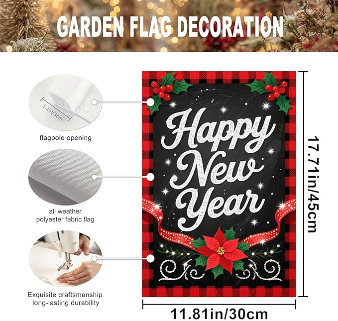 Happy New Year Garden Flag 12x18 Inch Double Sided Plaid Banner Outdoor Yard Decoration with Holly Berry and Poinsettia for Home Lawn Porch Seasonal Holiday Garden Flags